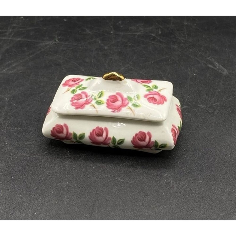 Sandford Pottery England Fine Bone China Trinket Box Pink Roses Vintage